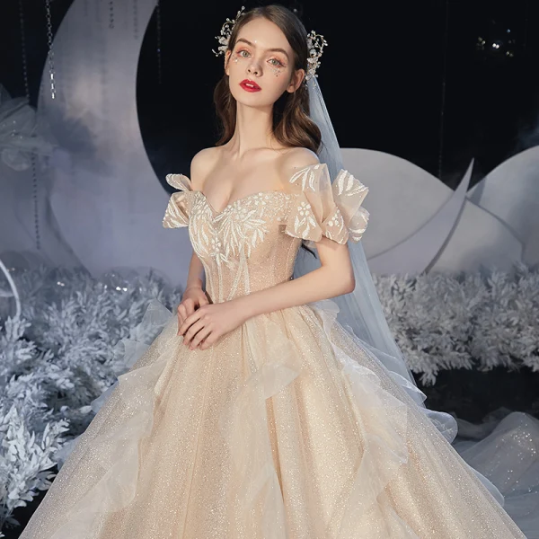 Chic / Beautiful Champagne Bridal Wedding Dresses 2020 Ball Gown Off-The-Shoulder Short Sleeve Backless Glitter Tulle Cathedral Train Ruffle
