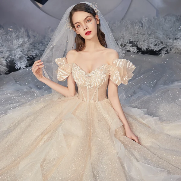 Chic / Beautiful Champagne Bridal Wedding Dresses 2020 Ball Gown Off-The-Shoulder Short Sleeve Backless Glitter Tulle Cathedral Train Ruffle