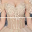 Chic / Beautiful Champagne Bridal Wedding Dresses 2020 Ball Gown Off-The-Shoulder Short Sleeve Backless Glitter Tulle Cathedral Train Ruffle