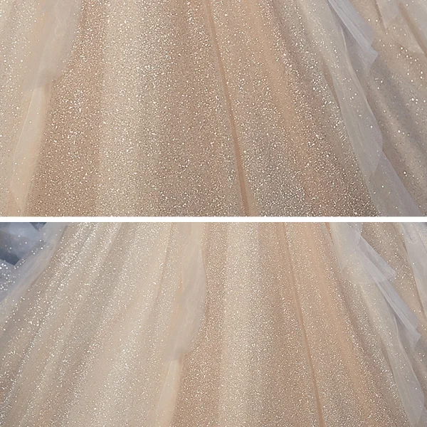 Chic / Beautiful Champagne Bridal Wedding Dresses 2020 Ball Gown Off-The-Shoulder Short Sleeve Backless Glitter Tulle Cathedral Train Ruffle