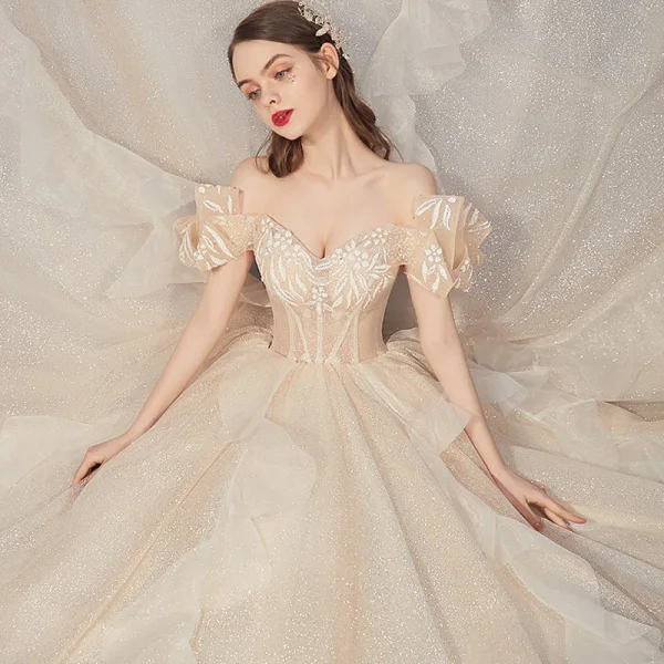 Chic / Beautiful Champagne Bridal Wedding Dresses 2020 Ball Gown Off-The-Shoulder Short Sleeve Backless Glitter Tulle Cathedral Train Ruffle