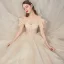 Chic / Beautiful Champagne Bridal Wedding Dresses 2020 Ball Gown Off-The-Shoulder Short Sleeve Backless Glitter Tulle Cathedral Train Ruffle