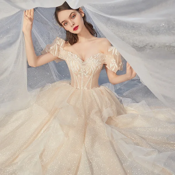 Chic / Beautiful Champagne Bridal Wedding Dresses 2020 Ball Gown Off-The-Shoulder Short Sleeve Backless Glitter Tulle Cathedral Train Ruffle