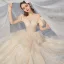 Chic / Beautiful Champagne Bridal Wedding Dresses 2020 Ball Gown Off-The-Shoulder Short Sleeve Backless Glitter Tulle Cathedral Train Ruffle