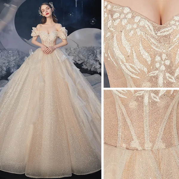 Chic / Beautiful Champagne Bridal Wedding Dresses 2020 Ball Gown Off-The-Shoulder Short Sleeve Backless Glitter Tulle Cathedral Train Ruffle