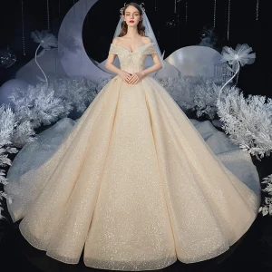 Chic Belle Champagne La Mariée Robe De Mariée 2020 Robe Boule De L 039 Épaule Manches Courtes Dos Nu Perlage Glitter Tulle Royal Train