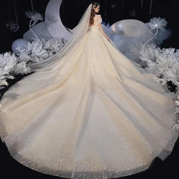 Chic / Beautiful Champagne Bridal Wedding Dresses 2020 Ball Gown Off-The-Shoulder Short Sleeve Backless Beading Glitter Tulle Royal Train