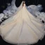 Chic / Beautiful Champagne Bridal Wedding Dresses 2020 Ball Gown Off-The-Shoulder Short Sleeve Backless Beading Glitter Tulle Royal Train