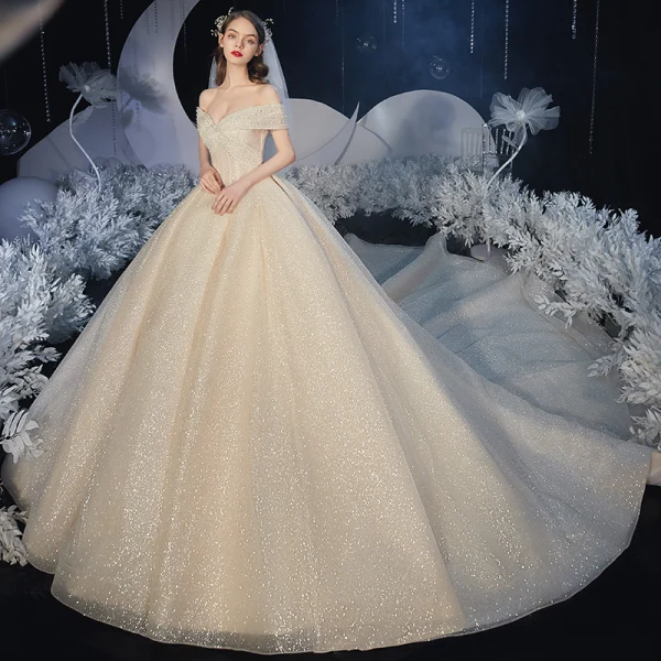 Chic / Beautiful Champagne Bridal Wedding Dresses 2020 Ball Gown Off-The-Shoulder Short Sleeve Backless Beading Glitter Tulle Royal Train