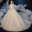 Chic / Beautiful Champagne Bridal Wedding Dresses 2020 Ball Gown Off-The-Shoulder Short Sleeve Backless Beading Glitter Tulle Royal Train
