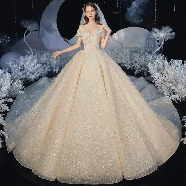 Chic / Beautiful Champagne Bridal Wedding Dresses 2020 Ball Gown Off-The-Shoulder Short Sleeve Backless Beading Glitter Tulle Royal Train