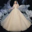 Chic / Beautiful Champagne Bridal Wedding Dresses 2020 Ball Gown Off-The-Shoulder Short Sleeve Backless Beading Glitter Tulle Royal Train