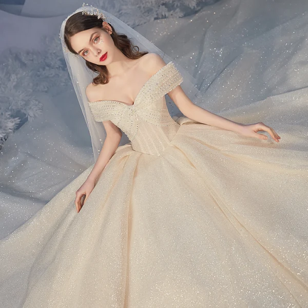 Chic / Beautiful Champagne Bridal Wedding Dresses 2020 Ball Gown Off-The-Shoulder Short Sleeve Backless Beading Glitter Tulle Royal Train