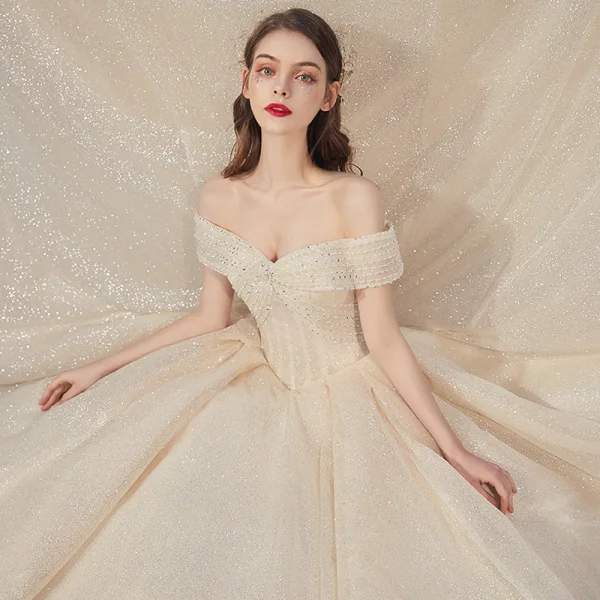 Chic / Beautiful Champagne Bridal Wedding Dresses 2020 Ball Gown Off-The-Shoulder Short Sleeve Backless Beading Glitter Tulle Royal Train