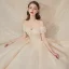 Chic / Beautiful Champagne Bridal Wedding Dresses 2020 Ball Gown Off-The-Shoulder Short Sleeve Backless Beading Glitter Tulle Royal Train