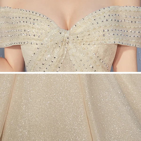 Chic / Beautiful Champagne Bridal Wedding Dresses 2020 Ball Gown Off-The-Shoulder Short Sleeve Backless Beading Glitter Tulle Royal Train