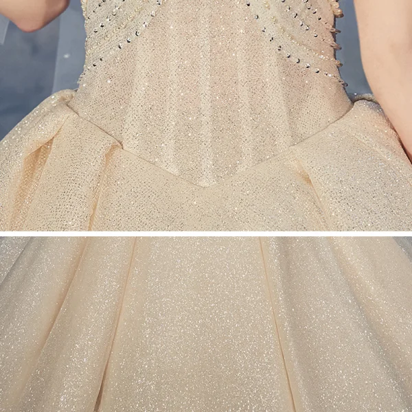 Chic / Beautiful Champagne Bridal Wedding Dresses 2020 Ball Gown Off-The-Shoulder Short Sleeve Backless Beading Glitter Tulle Royal Train