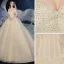 Chic / Beautiful Champagne Bridal Wedding Dresses 2020 Ball Gown Off-The-Shoulder Short Sleeve Backless Beading Glitter Tulle Royal Train