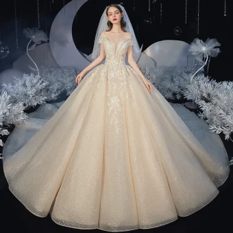 Elegante Champagne Bruids Trouwjurken 2020 Baljurk Uit De Schouder Korte Mouwen Ruglooze Appliques Kant Kralen Glans Tule Royal Train Ruche