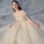 Élégant Champagne La Mariée Robe De Mariée 2020 Robe Boule De l'épaule Manches Courtes Dos Nu Appliques En Dentelle Perlage Glitter Tulle Royal Train Volants