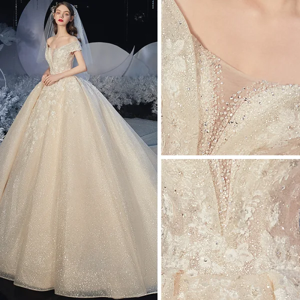Élégant Champagne La Mariée Robe De Mariée 2020 Robe Boule De l'épaule Manches Courtes Dos Nu Appliques En Dentelle Perlage Glitter Tulle Royal Train Volants