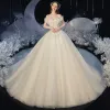 Romantic Champagne Bridal Wedding Dresses 2020 Ball Gown Off-The-Shoulder Short Sleeve Backless Glitter Tulle Appliques Lace Beading Cathedral Train Ruffle