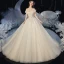 Romantic Champagne Bridal Wedding Dresses 2020 Ball Gown Off-The-Shoulder Short Sleeve Backless Glitter Tulle Appliques Lace Beading Cathedral Train Ruffle