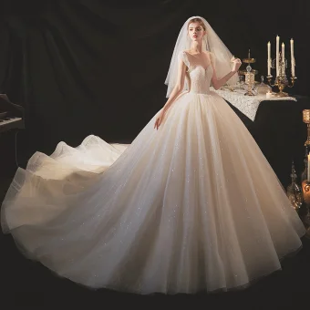 Elegant Champagne Bridal Wedding Dresses 2020 Ball Gown Scoop Neck Sleeveless Backless Glitter Tulle Beading Sequins Cathedral Train Ruffle