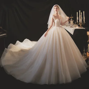 Elegante Champagne Bruids Trouwjurken 2020 Baljurk Ronde Hals Mouwloos Ruglooze Glans Tule Kralen Pailletten Cathedral Train Ruche