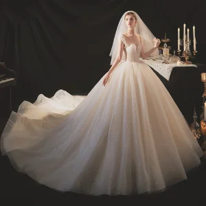 Elegant Champagne Bridal Wedding Dresses 2020 Ball Gown Scoop Neck Sleeveless Backless Glitter Tulle Beading Sequins Cathedral Train Ruffle