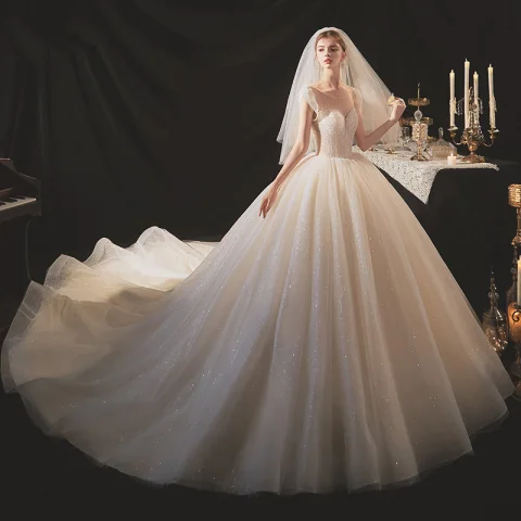 Elegant Champagne Bridal Wedding Dresses 2020 Ball Gown Scoop Neck Sleeveless Backless Glitter Tulle Beading Sequins Cathedral Train Ruffle