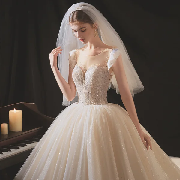 Elegant Champagne Bridal Wedding Dresses 2020 Ball Gown Scoop Neck Sleeveless Backless Glitter Tulle Beading Sequins Cathedral Train Ruffle