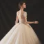 Elegant Champagne Bridal Wedding Dresses 2020 Ball Gown Scoop Neck Sleeveless Backless Glitter Tulle Beading Sequins Cathedral Train Ruffle