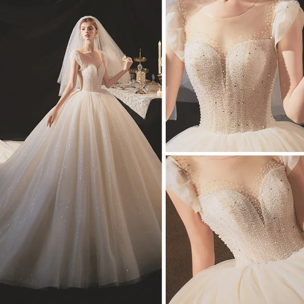 Elegant Champagne Bridal Wedding Dresses 2020 Ball Gown Scoop Neck Sleeveless Backless Glitter Tulle Beading Sequins Cathedral Train Ruffle