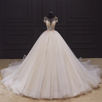 Luxury Gorgeous Ivory Bridal Wedding Dresses 2020 Ball Gown See Through Scoop Neck Short Sleeve Backless Glitter Tulle Beading Cathedral Train Ruffle