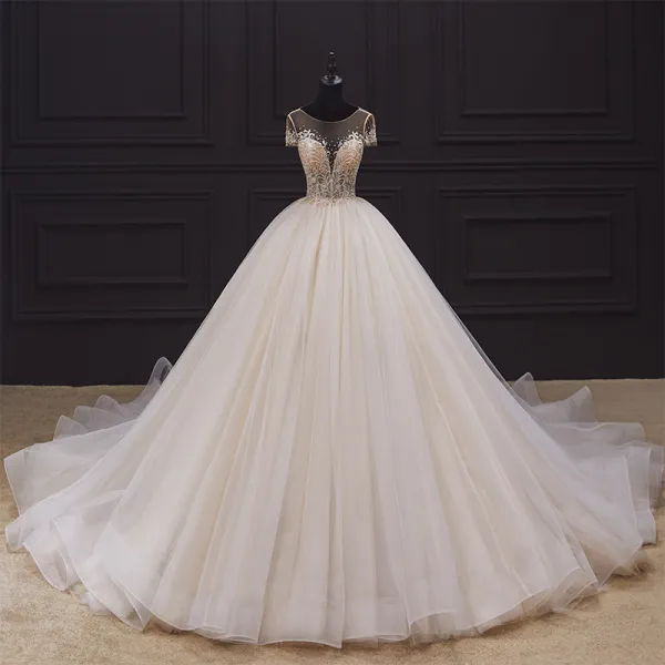 Luxury / Gorgeous Ivory Bridal Wedding Dresses 2020 Ball Gown See-through Scoop Neck Short Sleeve Backless Glitter Tulle Beading Cathedral Train Ruffle