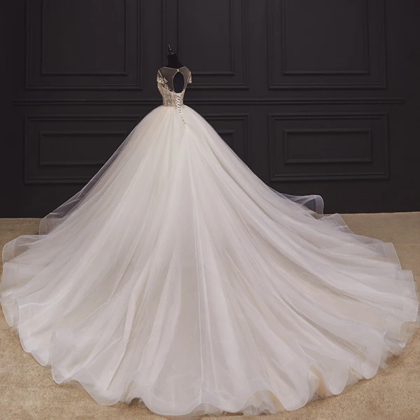 Luxury / Gorgeous Ivory Bridal Wedding Dresses 2020 Ball Gown See-through Scoop Neck Short Sleeve Backless Glitter Tulle Beading Cathedral Train Ruffle