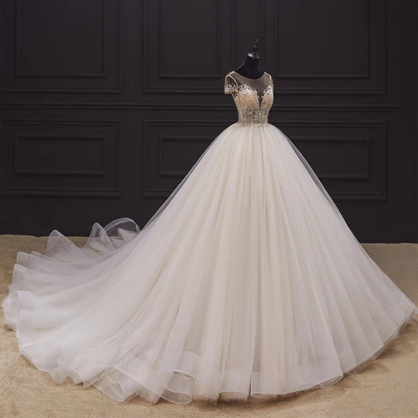 Luxury / Gorgeous Ivory Bridal Wedding Dresses 2020 Ball Gown See-through Scoop Neck Short Sleeve Backless Glitter Tulle Beading Cathedral Train Ruffle