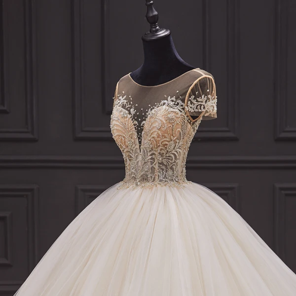 Luxury / Gorgeous Ivory Bridal Wedding Dresses 2020 Ball Gown See-through Scoop Neck Short Sleeve Backless Glitter Tulle Beading Cathedral Train Ruffle