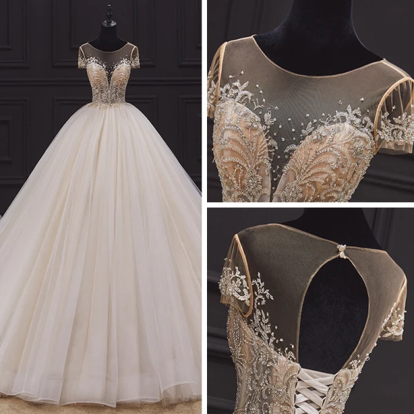 Luxury / Gorgeous Ivory Bridal Wedding Dresses 2020 Ball Gown See-through Scoop Neck Short Sleeve Backless Glitter Tulle Beading Cathedral Train Ruffle
