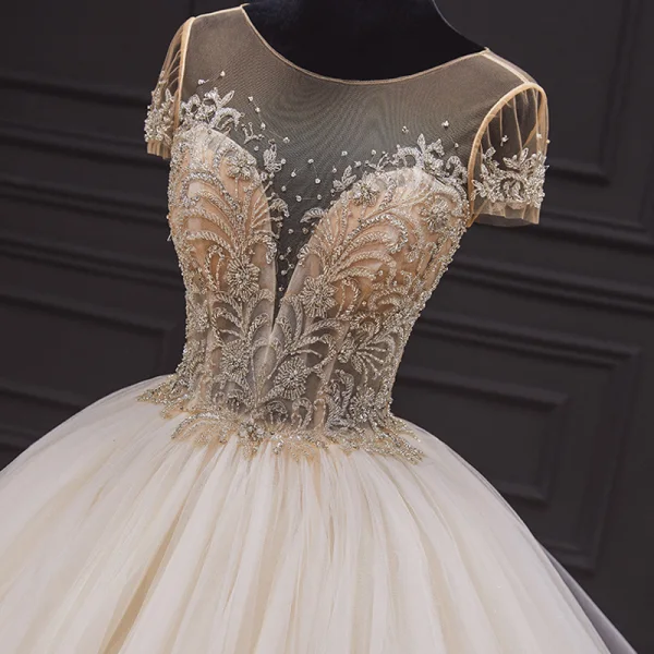 Luxury / Gorgeous Ivory Bridal Wedding Dresses 2020 Ball Gown See-through Scoop Neck Short Sleeve Backless Glitter Tulle Beading Cathedral Train Ruffle