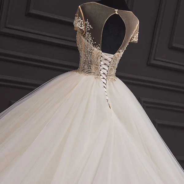 Luxury / Gorgeous Ivory Bridal Wedding Dresses 2020 Ball Gown See-through Scoop Neck Short Sleeve Backless Glitter Tulle Beading Cathedral Train Ruffle