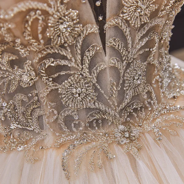 Luxury / Gorgeous Ivory Bridal Wedding Dresses 2020 Ball Gown See-through Scoop Neck Short Sleeve Backless Glitter Tulle Beading Cathedral Train Ruffle