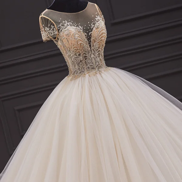 Luxury / Gorgeous Ivory Bridal Wedding Dresses 2020 Ball Gown See-through Scoop Neck Short Sleeve Backless Glitter Tulle Beading Cathedral Train Ruffle