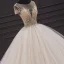 Luxury / Gorgeous Ivory Bridal Wedding Dresses 2020 Ball Gown See-through Scoop Neck Short Sleeve Backless Glitter Tulle Beading Cathedral Train Ruffle