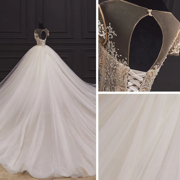 Luxury / Gorgeous Ivory Bridal Wedding Dresses 2020 Ball Gown See-through Scoop Neck Short Sleeve Backless Glitter Tulle Beading Cathedral Train Ruffle