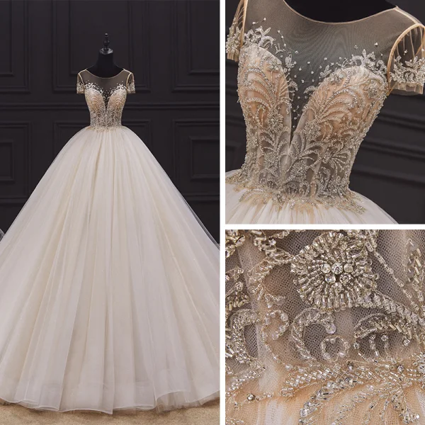 Luxury / Gorgeous Ivory Bridal Wedding Dresses 2020 Ball Gown See-through Scoop Neck Short Sleeve Backless Glitter Tulle Beading Cathedral Train Ruffle