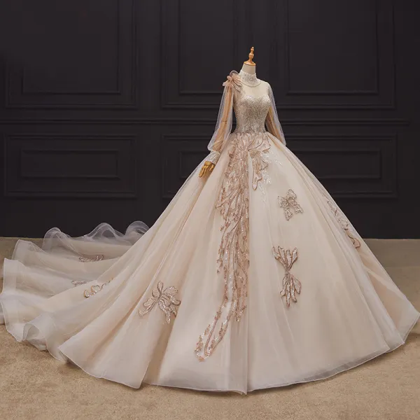 Lyx Champagne Brud Bröllopsklänningar 2020 Balklänning Genomskinliga Hög Hals Pösigt Långärmad Handgjort Beading Pärla Cathedral Train