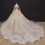 Luxury / Gorgeous Champagne Bridal Wedding Dresses 2020 Ball Gown See-through High Neck Puffy Long Sleeve Handmade  Beading Pearl Cathedral Train