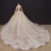 Luksusowe Szampan ślubna Suknie Ślubne 2020 Suknia Balowa Przezroczyste Wysokiej Szyi Bufiasta Długie Rękawy Wykonany Ręcznie Frezowanie Perła Trenem Katedra